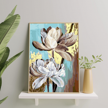 Set pictura pe numere, cu sasiu, Flori albe - vopsea aurie, 40x50 cm [3]