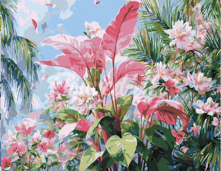 Dimensiune clasica 40x50cm - Set pictura pe numere, cu sasiu, Flori roz tropicale, 40x50 cm