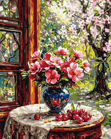 Picturi pe numere - Set pictura pe numere, cu sasiu, Flori si cirese, 40x50 cm