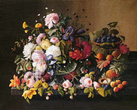 Dimensiune clasica 40x50cm - Set pictura pe numere, cu sasiu, Flori si fructe - Severin Roesen, 40x50 cm