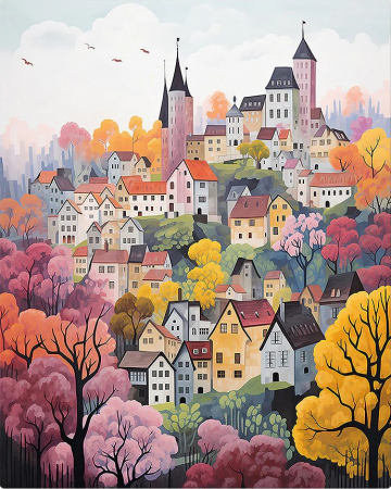 Set pictura pe numere, cu sasiu, Orasel incantator violet, 40x50 cm