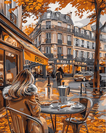 Set pictura pe numere, cu sasiu, Pauza de cafea, toamna, 40x50 cm