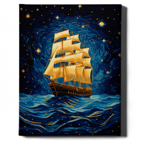 Set pictura pe numere, cu sasiu, Corabie cu vele - vopsea aurie, 40x50 cm [1]