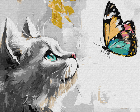 Picturi pe numere - Set pictura pe numere, cu sasiu, Pisica si fluture - extra culori metalizate, 40x50 cm