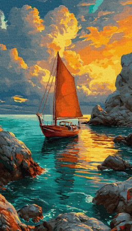 Picturi pe numere - Set pictura pe numere, cu sasiu, Navigand spre soarele auriu, 40x70 cm