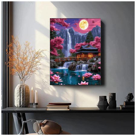 Set pictura pe numere Gradina japoneza noaptea, 40x50 cm, cu panza din bumbac intinsa pe sasiu din lemn, culori acrilice numerotate, 3 pensule, ghid de control, instructiuni si accesorii pentru agatare. Set complet cu gradina japoneza, casa traditionala, pod, cascade, luna plina si nuferi roz. [2]