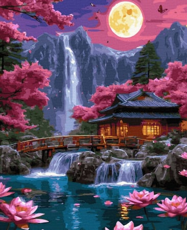 Picturi pe numere - Set pictura pe numere Gradina japoneza noaptea, 40x50 cm, cu panza din bumbac intinsa pe sasiu din lemn, culori acrilice numerotate, 3 pensule, ghid de control, instructiuni si accesorii pentru agatare. Set complet cu gradina japoneza, casa traditionala, pod, cascade, luna plina si nuferi roz.
