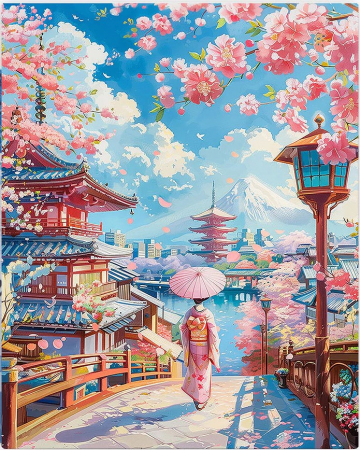 Set pictura pe numere, cu sasiu, Drum de sakura in Kyoto, 40x50 cm