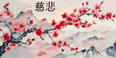 Picturi pe numere triptice și dimensiuni mari – tablouri cu impact vizual - Set pictura pe numere, cu sasiu, Ramura de sakura, 40x80 cm