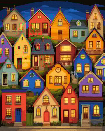 Picturi pe numere - Set pictura pe numere, cu sasiu, Case colorate, 40x50 cm