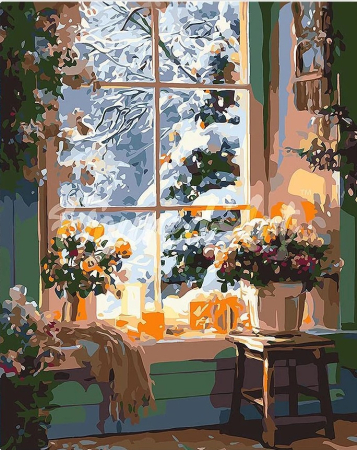 Picturi pe numere - Set pictura pe numere, cu sasiu, Iarna romantica, 40x50 cm