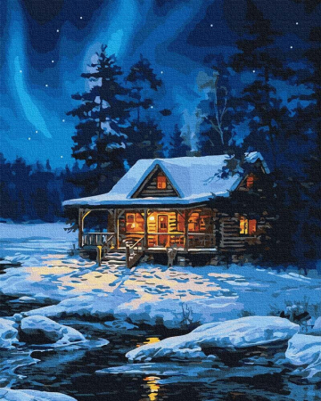 Picturi pe numere - Set pictura pe numere, cu sasiu, Cabana iarna, 40x50 cm