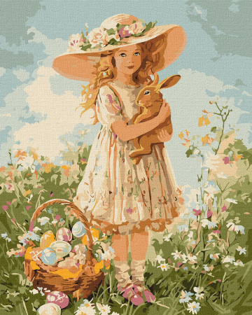 Picturi pe numere - Set pictura pe numere, cu sasiu, Fetita cu iepuras, 40x50 cm