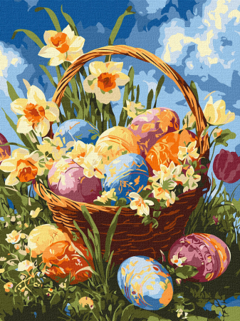 Picturi pe numere - Set pictura pe numere, cu sasiu, Cos cu narcise si oua, 30x40 cm