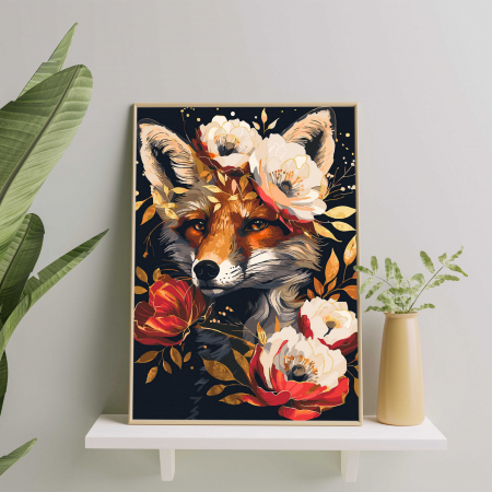 Set pictura pe numere, cu sasiu, Vulpe si flori - canvas negru, 40x50 cm [2]