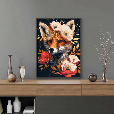 Set pictura pe numere, cu sasiu, Vulpe si flori - canvas negru, 40x50 cm [3]