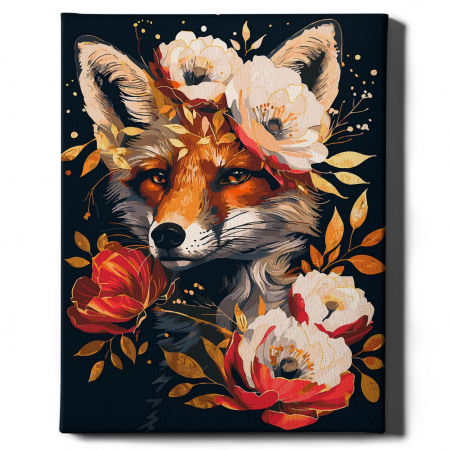 Set pictura pe numere, cu sasiu, Vulpe si flori - canvas negru, 40x50 cm [1]