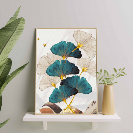 Set pictura pe numere, cu sasiu, Frunze alb-albastre - vopsea aurie, 40x50 cm [2]