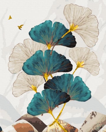 Picturi pe numere - Set pictura pe numere, cu sasiu, Frunze alb-albastre - vopsea aurie, 40x50 cm