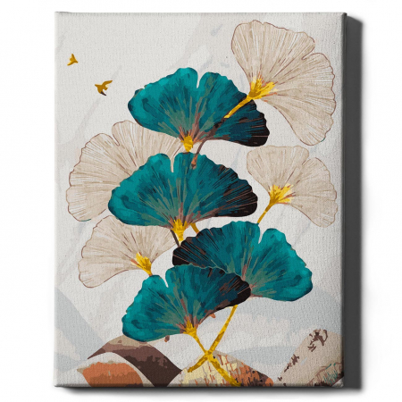 Set pictura pe numere, cu sasiu, Frunze alb-albastre - vopsea aurie, 40x50 cm [1]