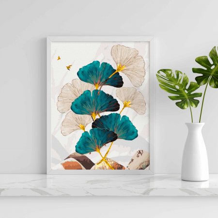 Set pictura pe numere, cu sasiu, Frunze alb-albastre - vopsea aurie, 40x50 cm [3]