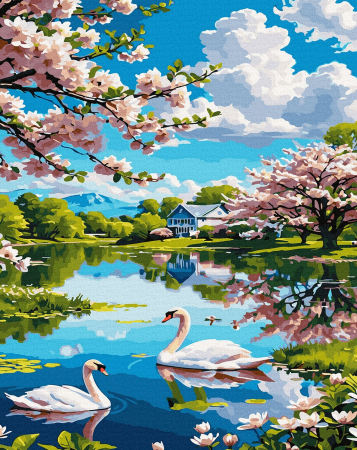 Picturi pe numere - Set pictura pe numere, cu sasiu, Lac cu lebede, 40x50 cm