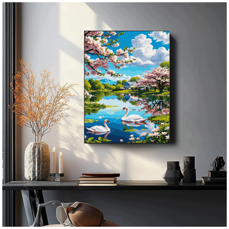 Set pictura pe numere, cu sasiu, Lac cu lebede, 40x50 cm [2]