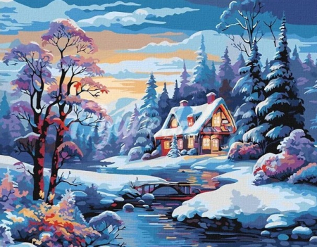 Picturi pe numere - Set pictura pe numere, cu sasiu, Casuta iarna langa rau, 40x50 cm