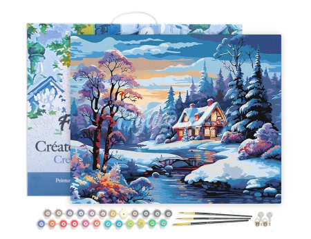 Set pictura pe numere, cu sasiu, Casuta iarna langa rau, 40x50 cm [1]