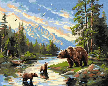 Dimensiune clasica 40x50cm - Set pictura pe numere, cu sasiu, Ursoaica cu pui, 40x50 cm