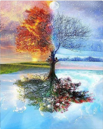 Dimensiune clasica 40x50cm - Set pictura pe numere, cu sasiu, Copacul celor 4 anotimpuri, 40x50 cm