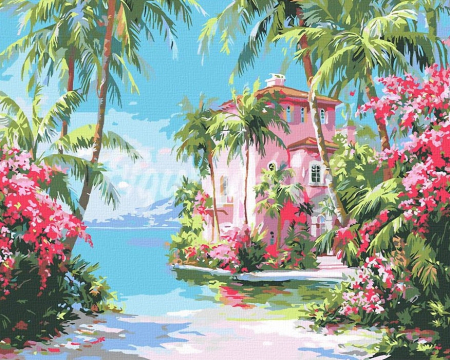 Dimensiune clasica 40x50cm - Set pictura pe numere, cu sasiu, Casa in paradis tropical, 40x50 cm