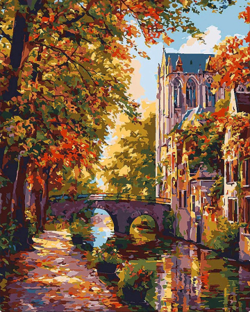 Picturi pe numere 40x50 cm – modele variate pentru toate gusturile - Set pictura pe numere, cu sasiu, Oras pe malul lacului toamna, 40x50 cm