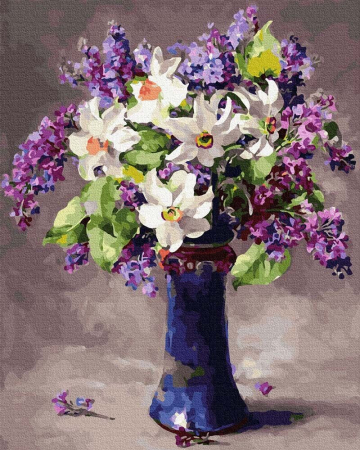 Picturi pe numere - Set pictura pe numere, cu sasiu, Liliac si narcise, 40x50 cm