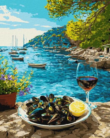 Picturi pe numere - Set pictura pe numere, cu sasiu, Cina cu fructe de mare, 40x50 cm