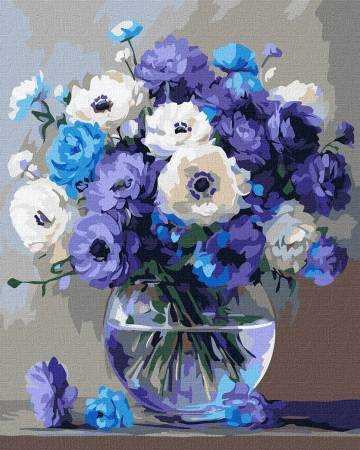Picturi pe numere 40x50 cm – modele variate pentru toate gusturile - Set pictura pe numere, cu sasiu, Buchet de flori albastre, 40x50 cm