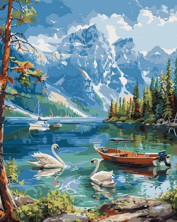 Set pictura pe numere, cu sasiu, Peisaj de munte cu lebede, 40x50 cm