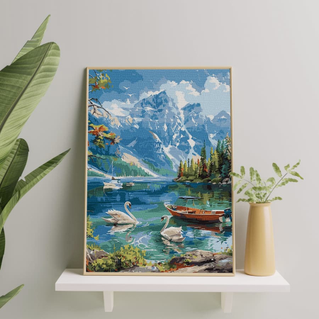 Set pictura pe numere, cu sasiu, Peisaj de munte cu lebede, 40x50 cm [3]