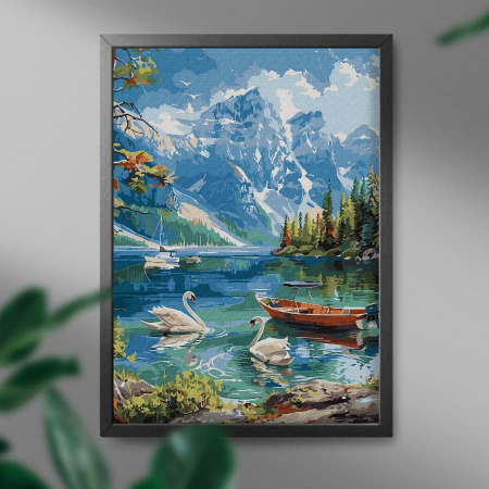 Set pictura pe numere, cu sasiu, Peisaj de munte cu lebede, 40x50 cm [2]