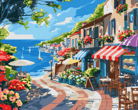 Picturi pe numere - Set pictura pe numere, cu sasiu, Oras la mare, 40x50 cm