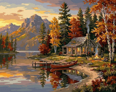 Picturi pe numere - Set pictura pe numere, cu sasiu, Amurg de toamna langa lac, 40x50 cm