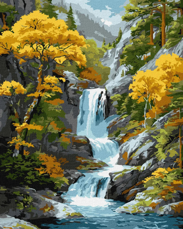Picturi pe numere - Set pictura pe numere, cu sasiu, Cascada toamna, 40x50 cm