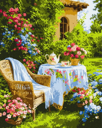 Picturi pe numere - Set pictura pe numere, cu sasiu, Ceai in gradina inflorita, 40x50 cm
