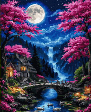 Picturi pe numere - Set pictura pe numere, cu sasiu, Luna si cascada, 40x50 cm
