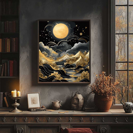 Set pictura pe numere, cu sasiu, Luna si marea- canvas negru, 40x50 cm [2]