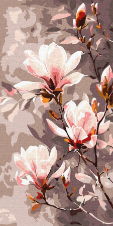 Picturi pe numere triptice și dimensiuni mari – tablouri cu impact vizual - Set pictura pe numere, cu sasiu, Magnolie inflorita - culori metalizate, 40x80 cm