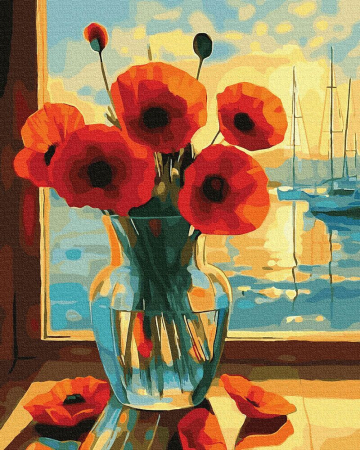 Dimensiune clasica 40x50cm - Set pictura pe numere, cu sasiu, Maci cu vedere spre port, 40x50 cm