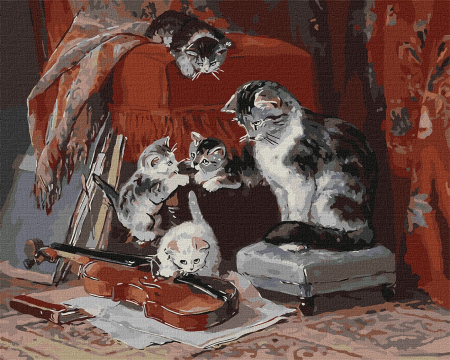 Dimensiune clasica 40x50cm - Set pictura pe numere, cu sasiu, Micii muzicieni - Henriette Ronner-Knip, 40x50 cm