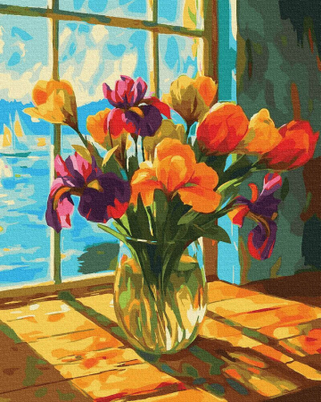 Dimensiune clasica 40x50cm - Set pictura pe numere, cu sasiu, Flori si valuri, 40x50 cm