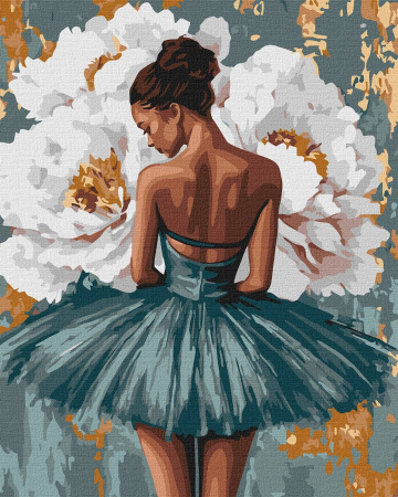 Dimensiune clasica 40x50cm - Set pictura pe numere, cu sasiu, Balerina cu bujori albi - vopsele metalizate, 40x50 cm